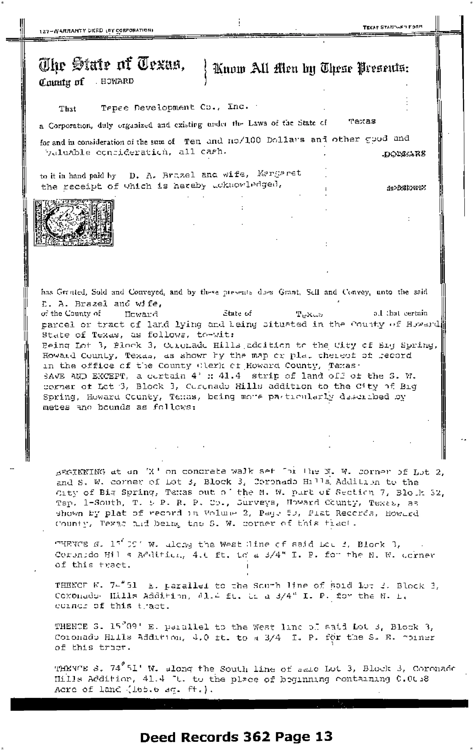 Tepee Development Co Inc. - Recorded Dr Vol: 362 Pg: 13; Warranty Deed (Doc #DOCC1966-58-319194)