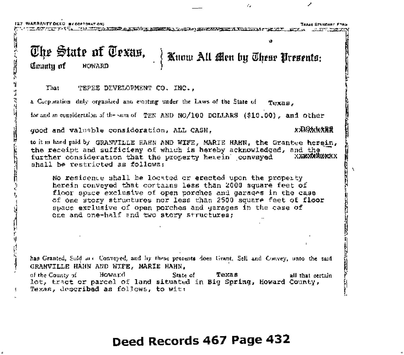 Tepee Development Co Inc. - Recorded Dr Vol: 467 Pg: 432; Warranty Deed (Doc #DOCC1978-67-477680)